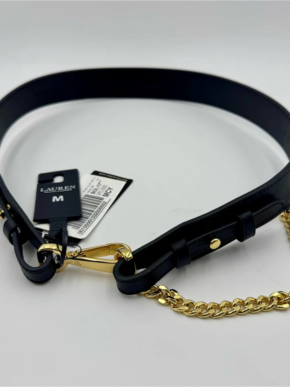 LAUREN RALPH LAUREN MEDIUM Women's Dog-Clip Leather Chain-Trim Belt Black